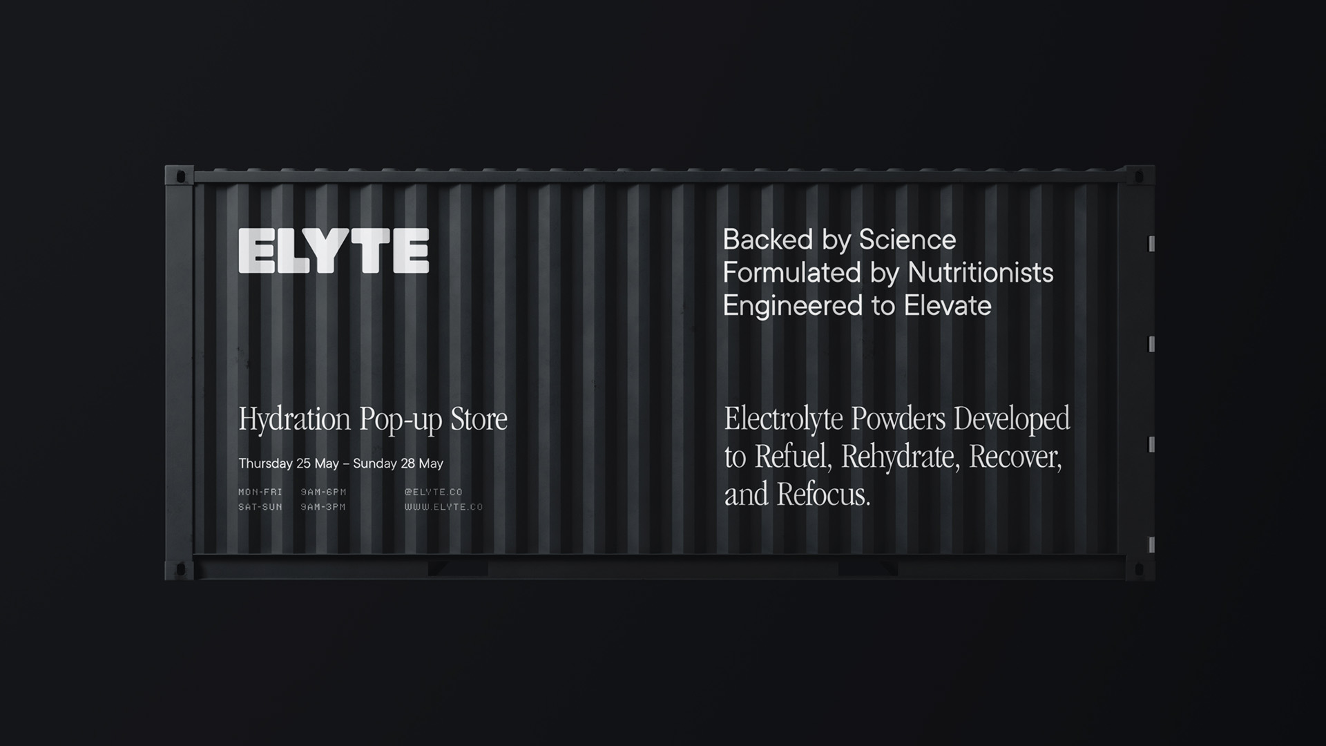 Elyte branding applied to a popup store in a shipping container