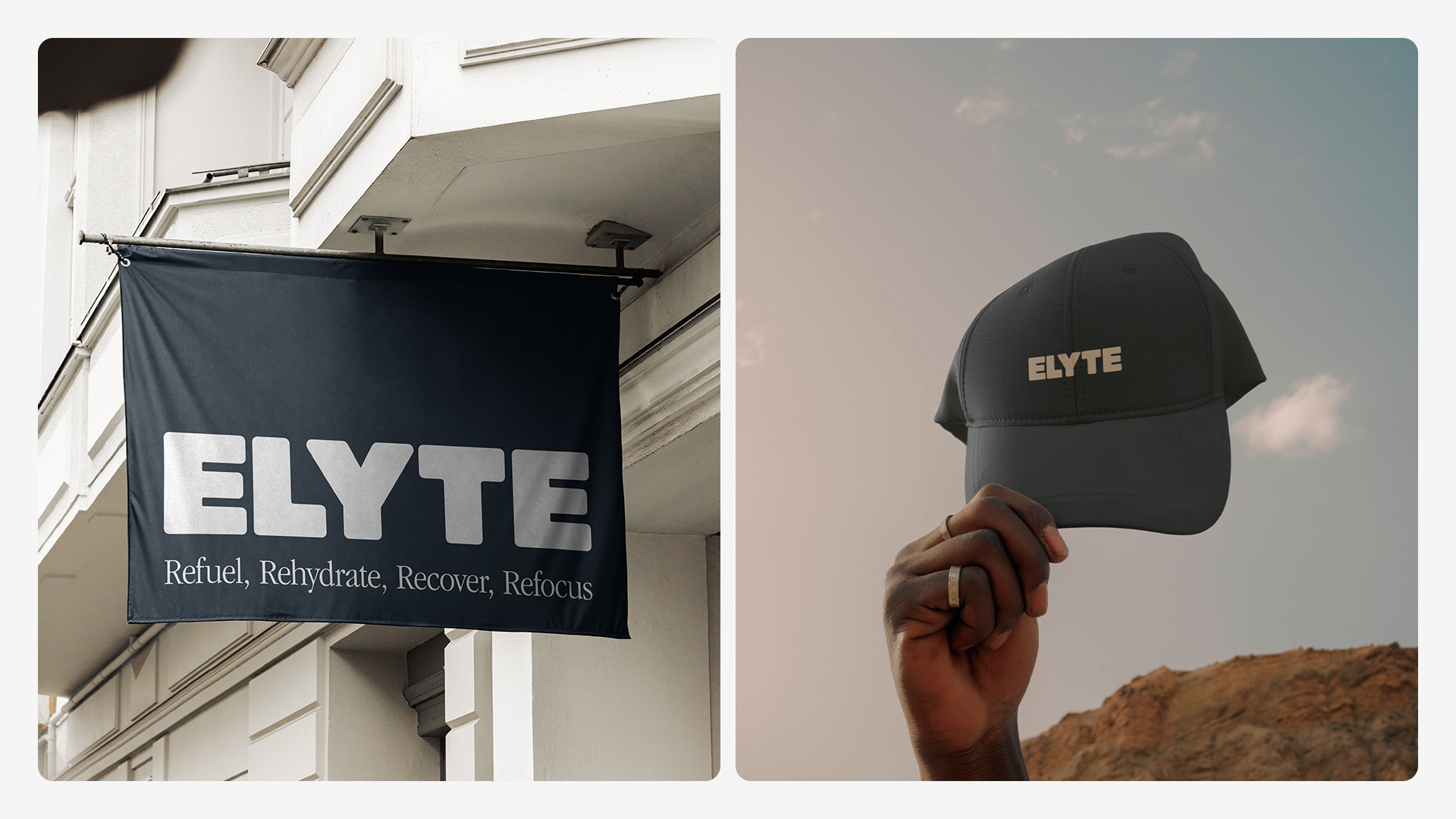 Left image is a flag with the Elyte branding applied. The right image shows an Elyte branded cap.