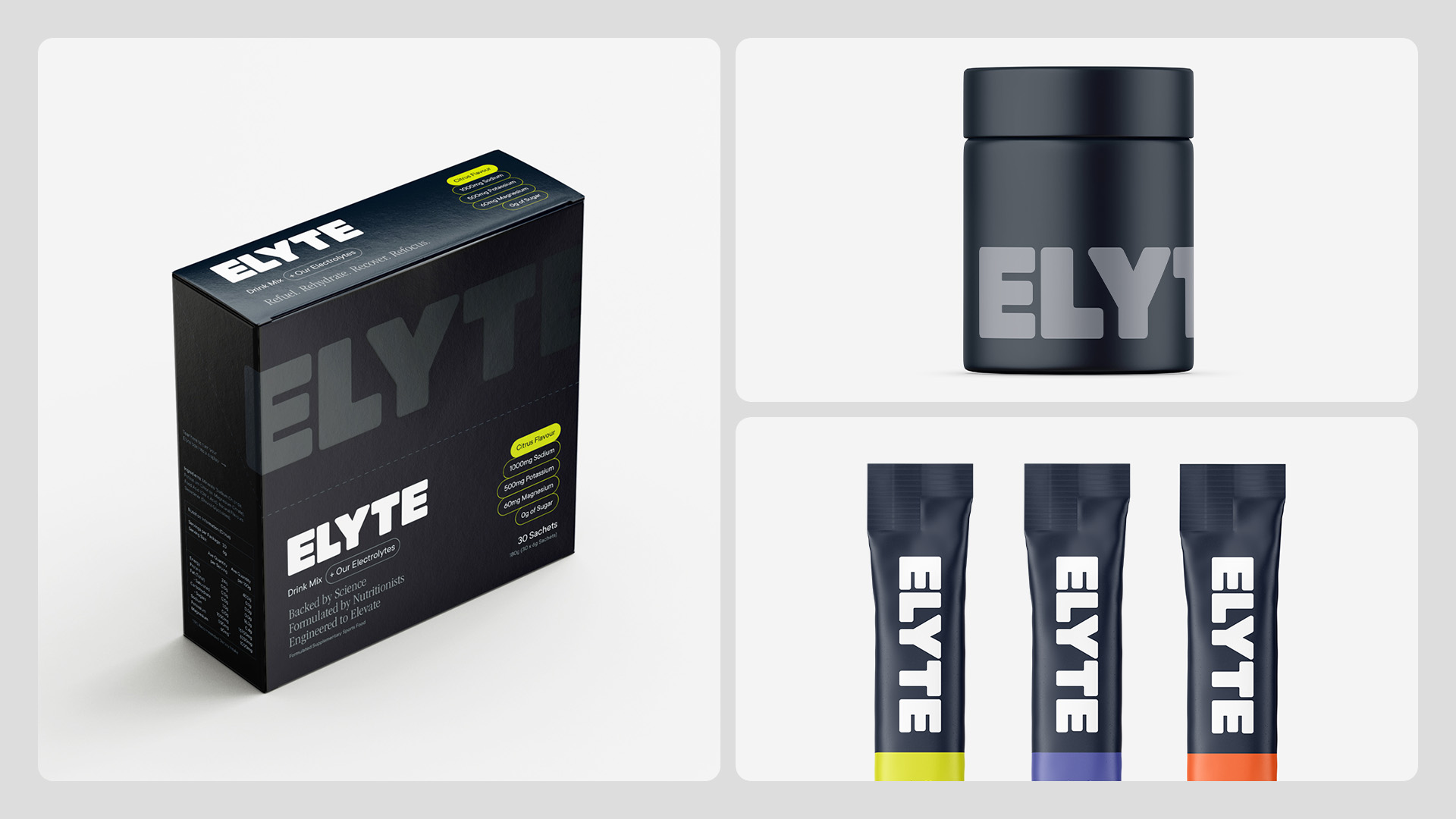 Elyte packaging examples. A box, tub and sachets.